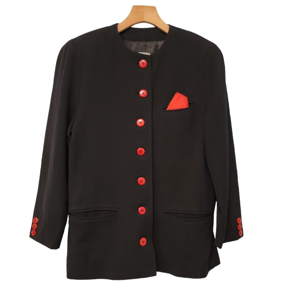 Vintage Gil‎ Bret Single Breasted Blazer Jacket Black W/ Red Buttons Pockets EUC